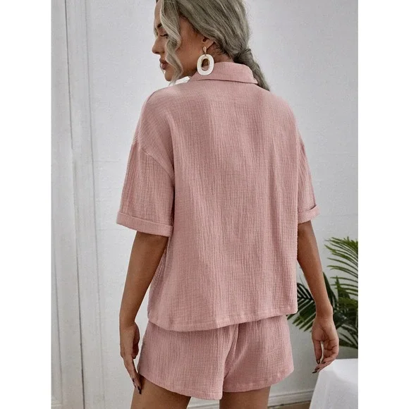 2 piece set: Breast Pocket Button Down Shirt & high waist Shorts coords tan - Picture 6 of 14